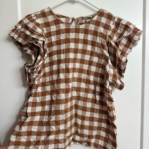 Brown and White Checkered Ruffle Blouse